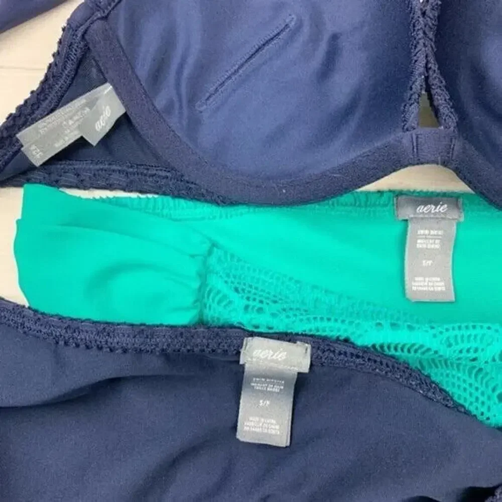 Aerie Push-Up Bikini Top 32A + 2 Hipster Bottoms S/P Set – Navy/Aqua